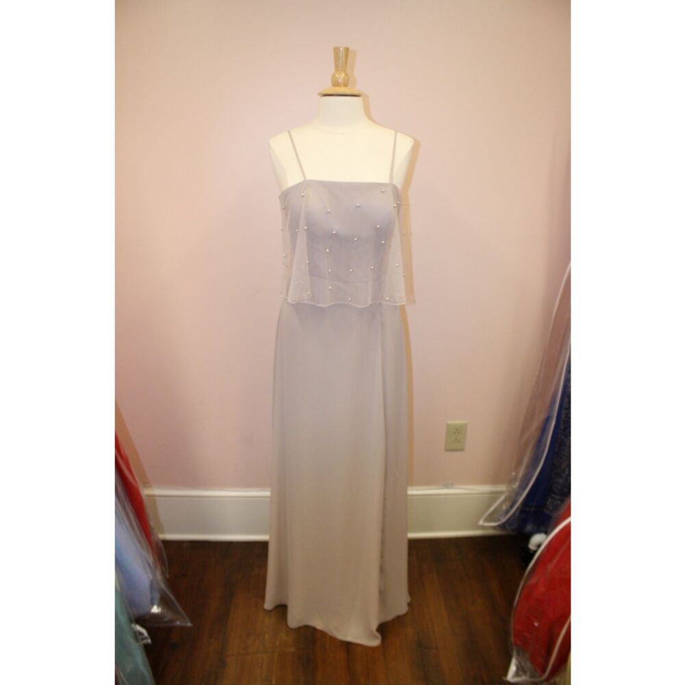 Taupe Chiffon Bridesmaid Dress with Pearl Boho Overlay. Jasmine Bridesmaids